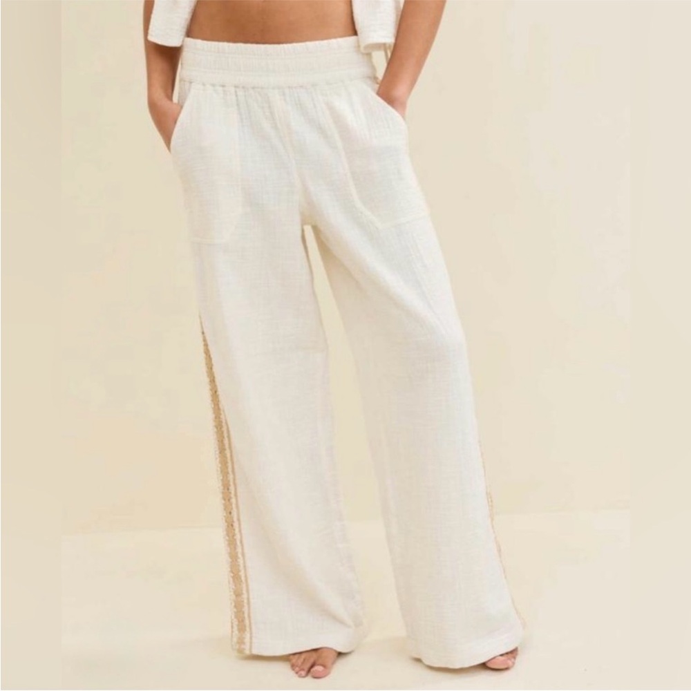 NEW Aerie summer reset trouser L pool to party cover up pants ivory crochet tan